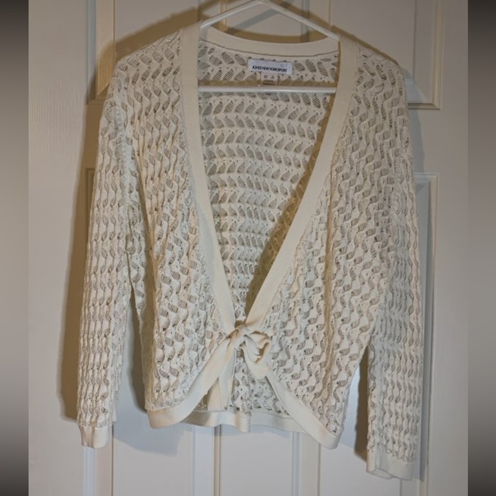 Jones New York Cream Open-Knit Tie-Front Cardigan